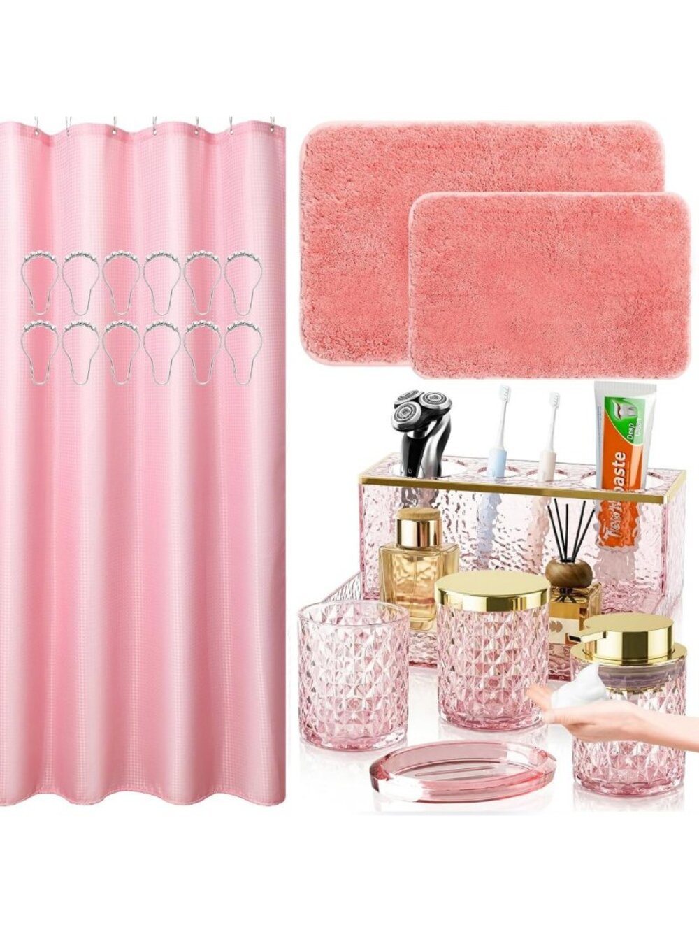Pink Bathroom Accessories Set - 20PCS Glass Bathroom Set with Shower Curtain and